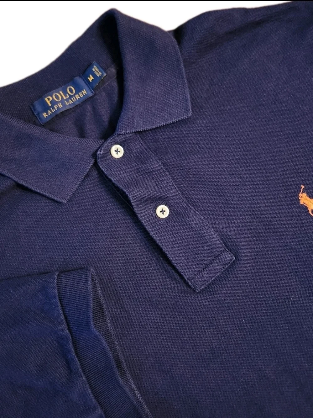 Polo Ralph Lauren Men Size M Navy Short-Sleeve Cotton Shirt Orange Pony Classic